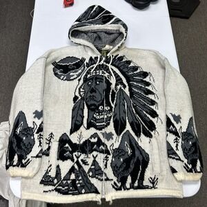 Unbranded Knit Hoodie Mens L Cream Black Native American Chief Wolf Graphic